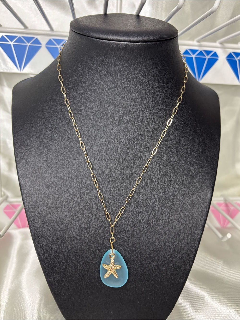 18k Gold Plated Necklace with Turquoise Sea Glass Pendant and Starfish Charm